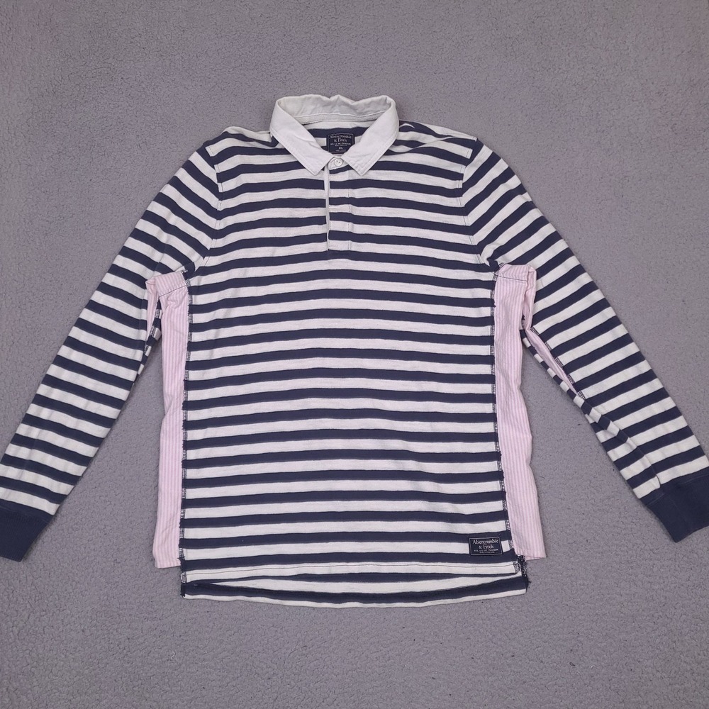 Abercrombie & Fitch Polo Shirt Mens XXL Blue White Pink Rugby Long Sleeve Stripe